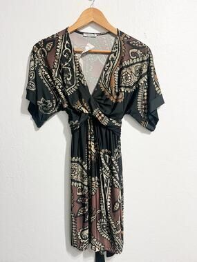 NWT VTG Janette Boho V Mini Dress Paisley Y2K Whimsigoth Witchy 2000s Brown Blk